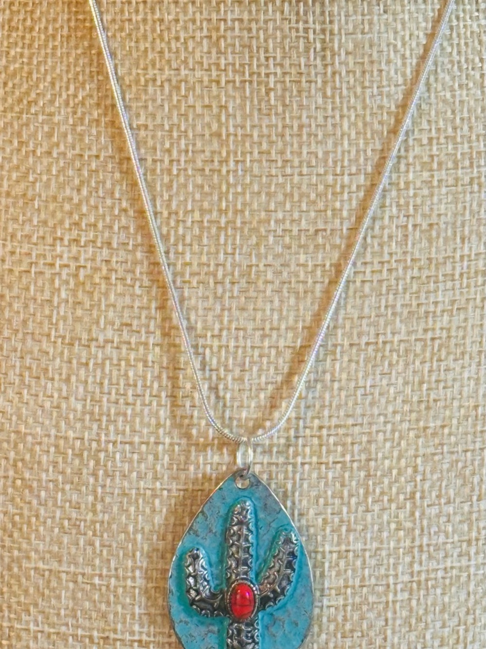 Turquoise Teardrop Cactus Pendant Necklace - Women Jewelry